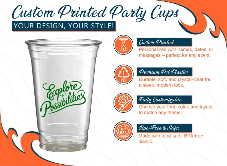Personalized Soft Plastic Cups – Custom Printed Clear PET Plastic Party Cups for Weddings, Events, and Celebrations – Disposable